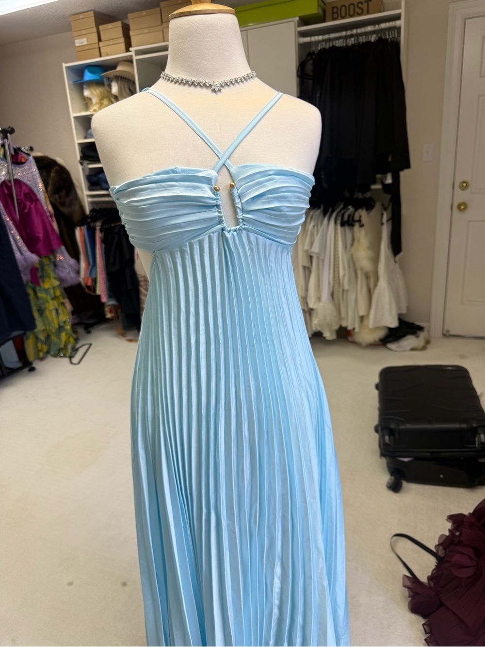 Light Blue Pleated Spaghetti Strap Maxi Dress